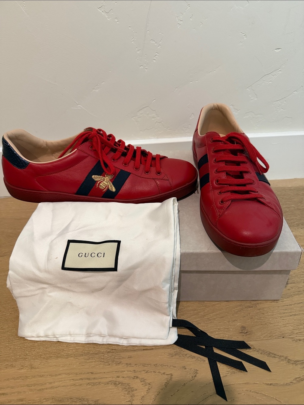 Gucci Red Leather Men’s Low-Top Sneakers with Navy Web and Bee